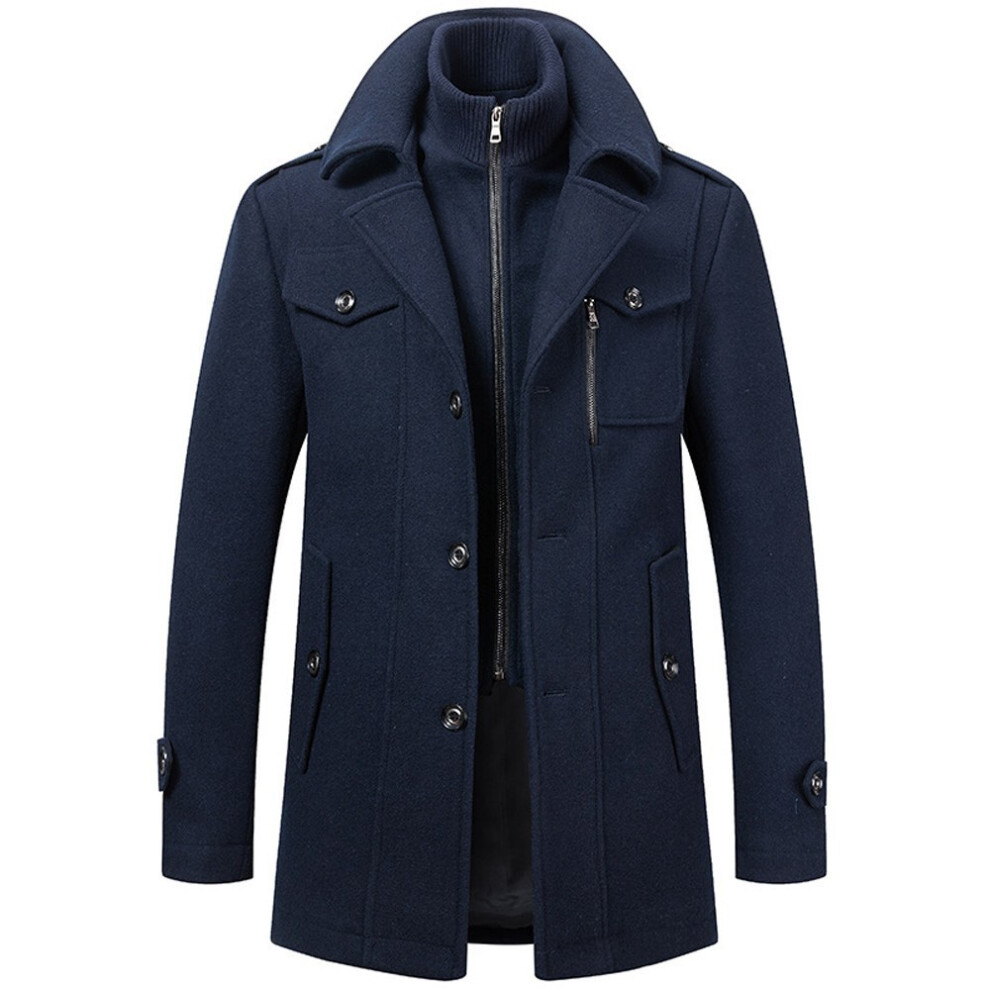 (navy blue, L) Mens Wool Coats Winter Padded Trench Coat for Casual Business Outwear Thick Wool Blend Peacoat with Removable Inner Collar