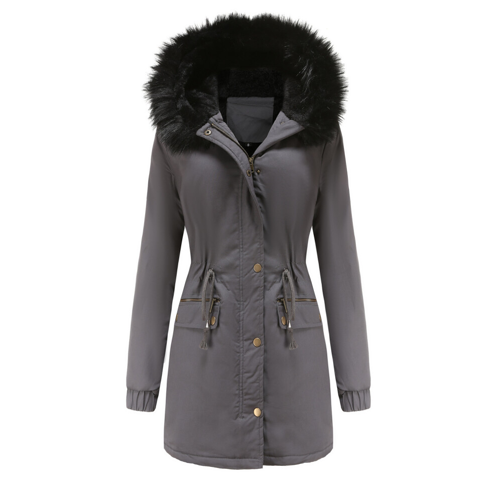 (gray, L) Womens Faux Fur Collar Hooded Jacket Winter Thicken Fleece Lined Parkas Coats Button Mid-Length Quilted Puffer Jacket