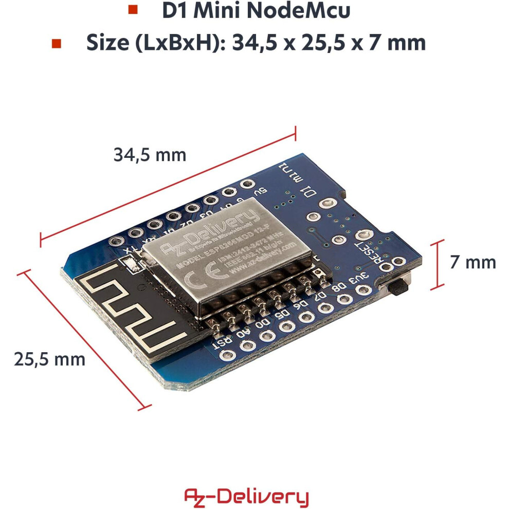 Azdelivery 5 X D1 Mini Nodemcu Wifi Board Esp8266-12F Ch340g Wlan Esp8266 Micro Usb Lua Module 3.3V 500Ma Compatible With Arduino Including E-Book! 885334821152