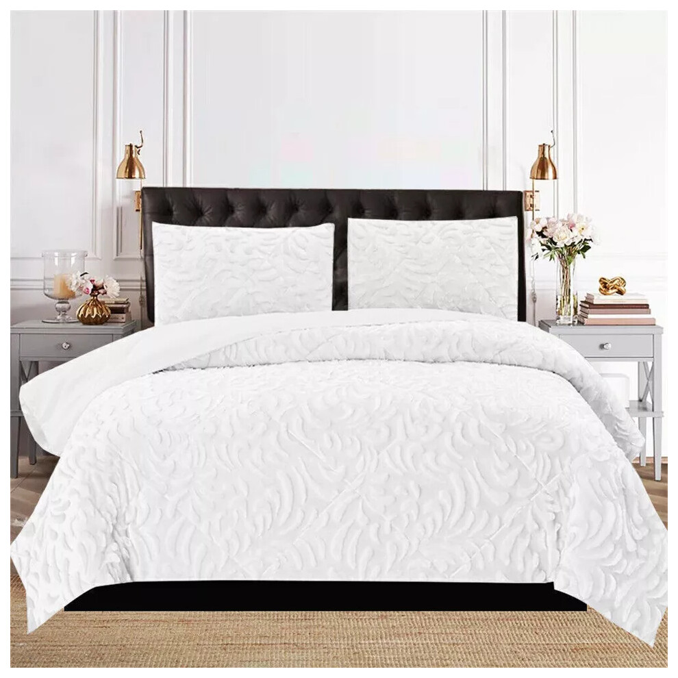 (White, King 220x240cm) 3 Piece Teddy Fleece Duvet Cover Velvet Bedding Set Double King Super King Size