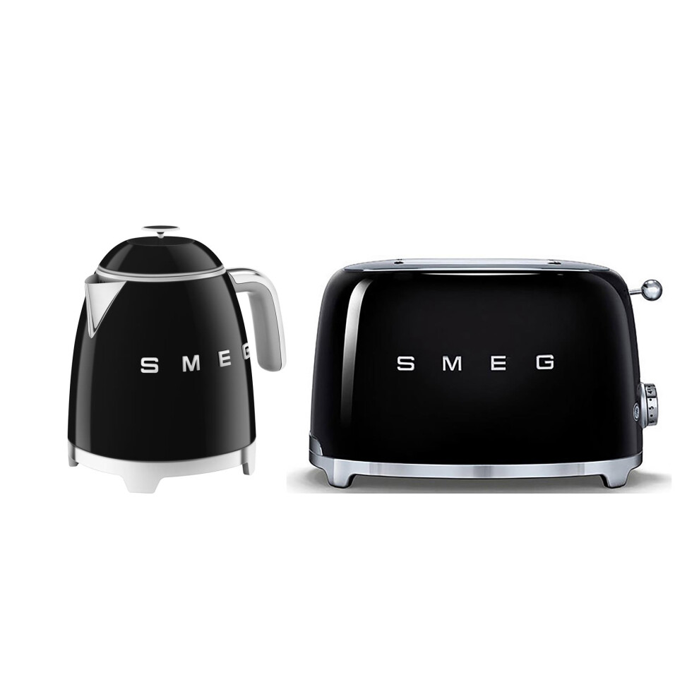 Smeg 50's Style Retro Range Breakfast Set, 0.8L 1400W Mini Kettle and Multi-Functional Control 2-Slice 950W Toaster, Black, KLF05BLUK/ TSF01BLUK