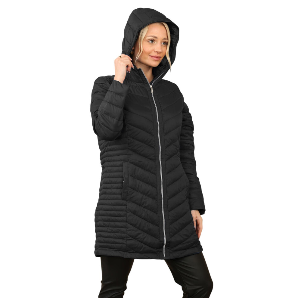 (Black, S) Womens Ladies Long Warm Quilted Puffer Jacket