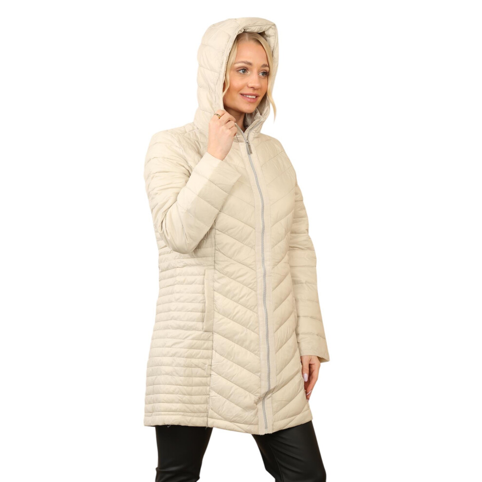 (Beige, M) Womens Ladies Long Warm Quilted Puffer Jacket