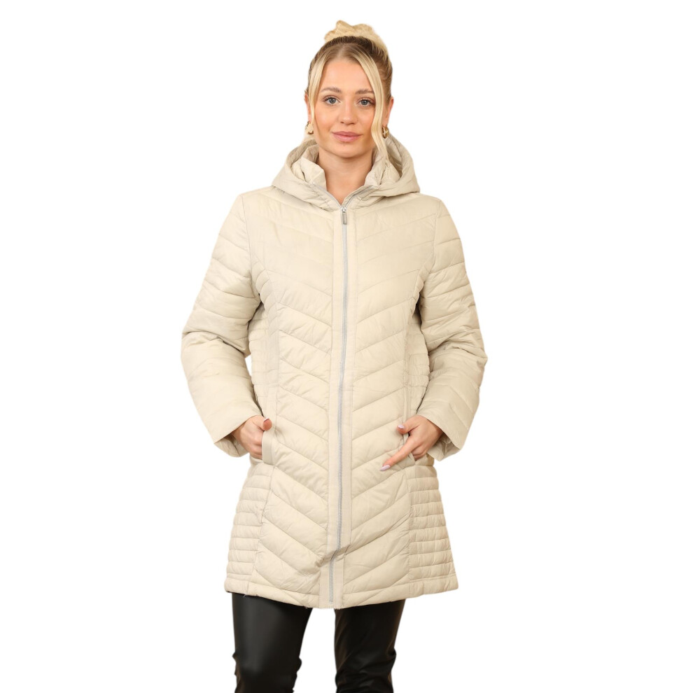 (Beige, L) Womens Ladies Long Warm Quilted Puffer Jacket