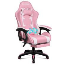 (Pink & White) ELFORDSON Gaming Office Chair Racing Massage Computer Footrest