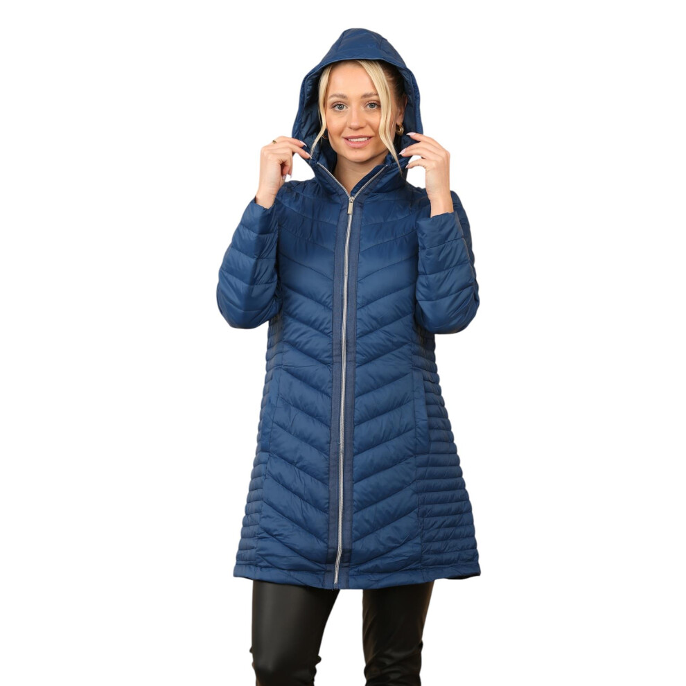 (Navy, L) Womens Ladies Long Warm Quilted Puffer Jacket