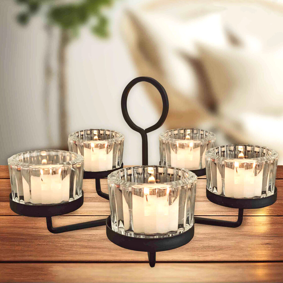 5 Arm Glass & Black Metal Tea Light Candle Holder Candelabra Wedding Centrepiece