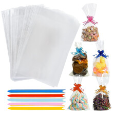 Cellophane Bags Pack Of 50 (6 X 10 Inches) Food Safe Cookie Bags with Mix Colors Pull Bows - Clear Bags for Gifts, Packaging