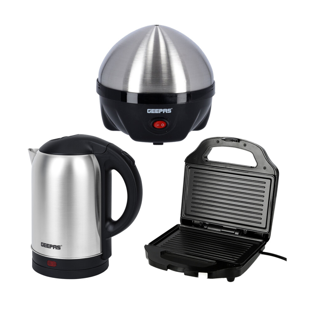 GEEPAS 3-in-1 Kitchen Appliance Set Egg Boiler & Poacher 7 Eggs Sandwich Maker Panini Grill 750W 1.8L Electric Kettle Breakfast Set Small Kitchen Appl - Image 2