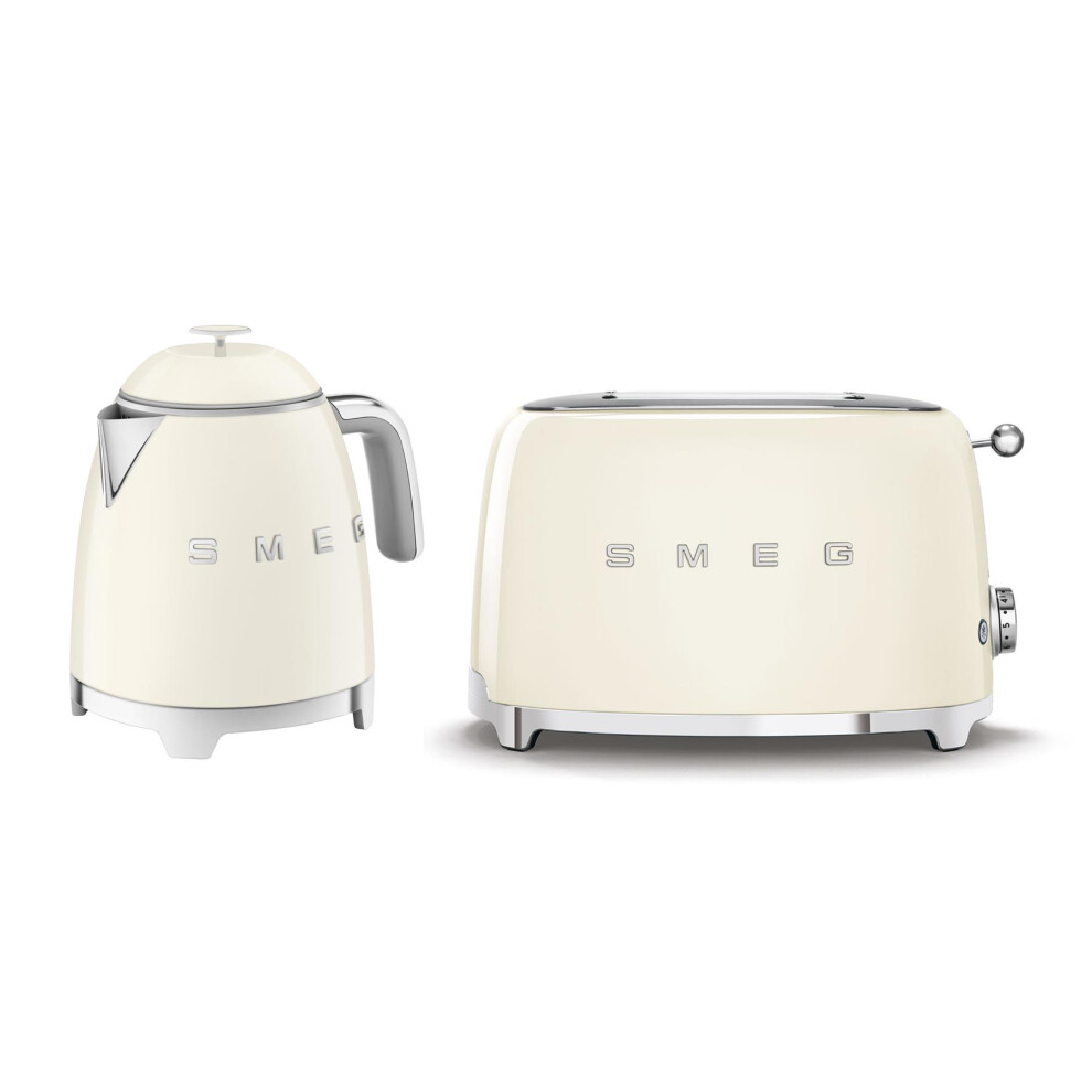 Smeg 50's Style Retro Range Breakfast Set, 0.8L 1400W Mini Kettle and Multi-Functional Control 2-Slice 950W Toaster, Cream, KLF05CRUK/ TSF01CRUK