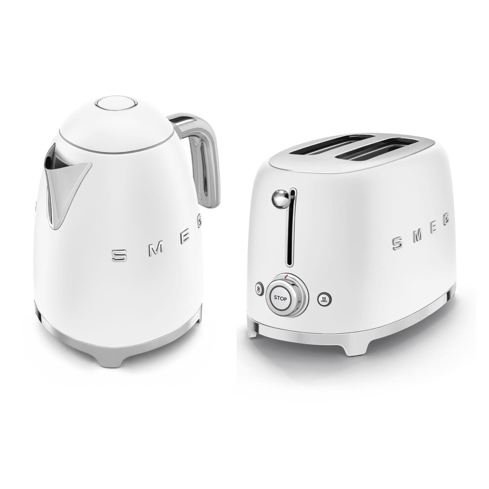 Smeg 50'S Style Retro Range Breakfast Set, 1.7L 3000W Kettle And Multi-Functional Control 2-Slice 950W Toaster, Matte White, Klf03whmuk/ Tsf01whmuk