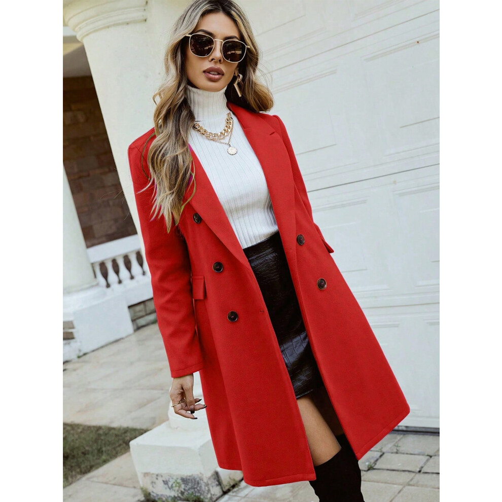 (Red, XS) SHEIN Relaxiva Double Breasted Lapel Collar Overcoat