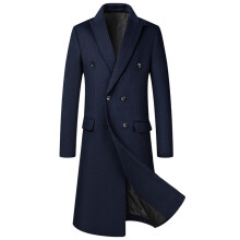 (navy blue, L) Mens Trench Coat Mid Length Lapel Collar Button Down Winter Warm Thick Coat Slim Fit Jacket Outwear