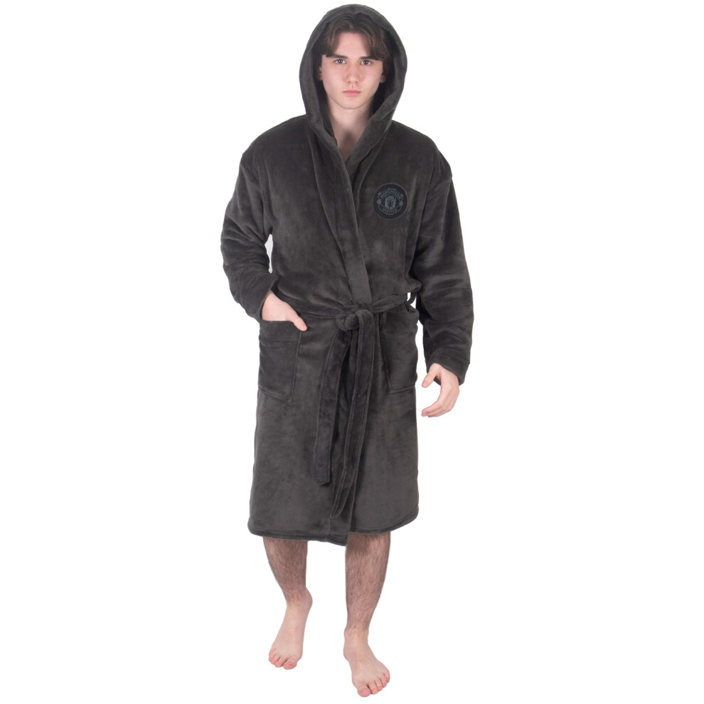 (Grey, Medium) Manchester United Mens Dressing Gown Robe Hooded Fleece OFFICIAL Football Gift