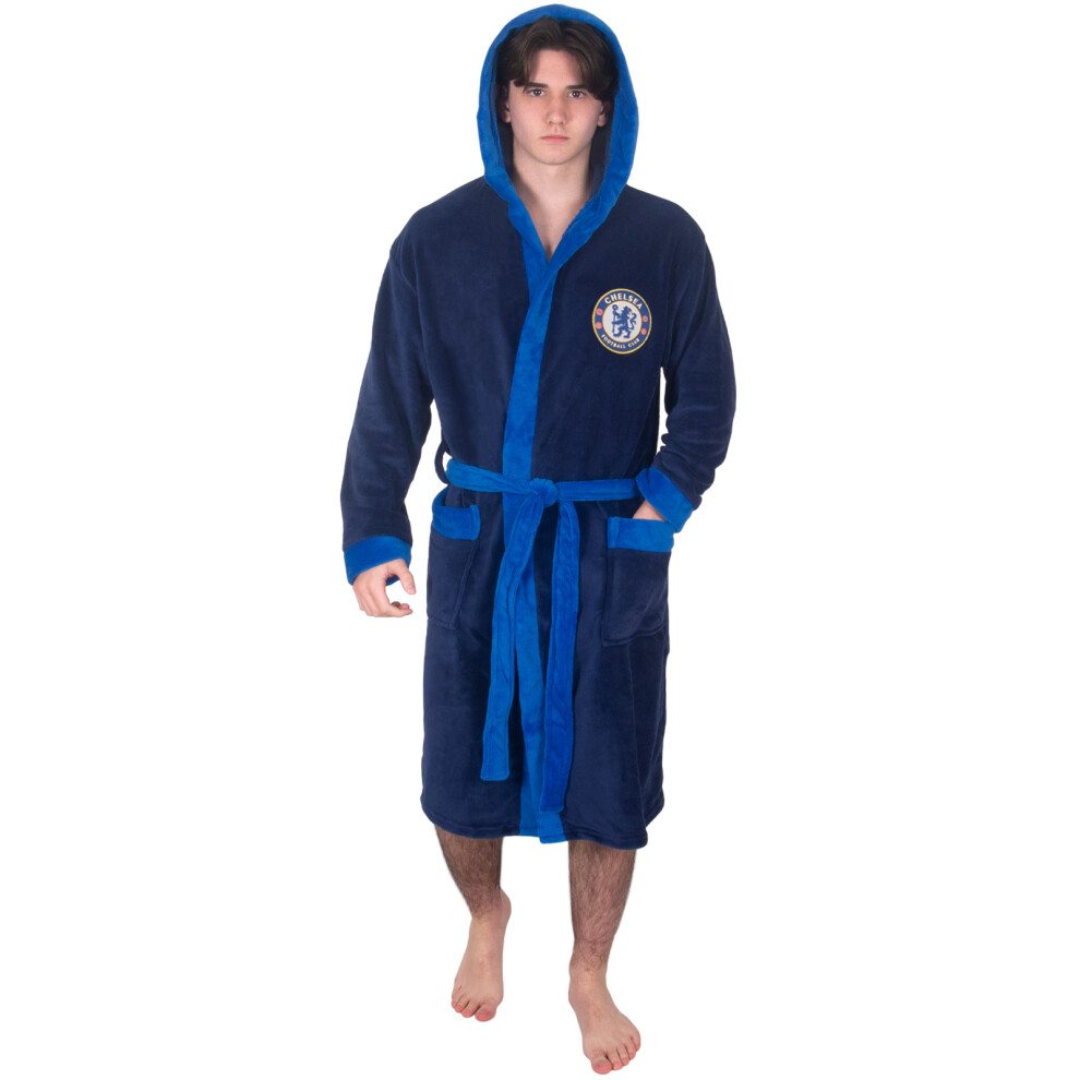 (Navy Blue, Large) Chelsea FC Mens Dressing Gown Robe Hooded Fleece OFFICIAL Football Gift