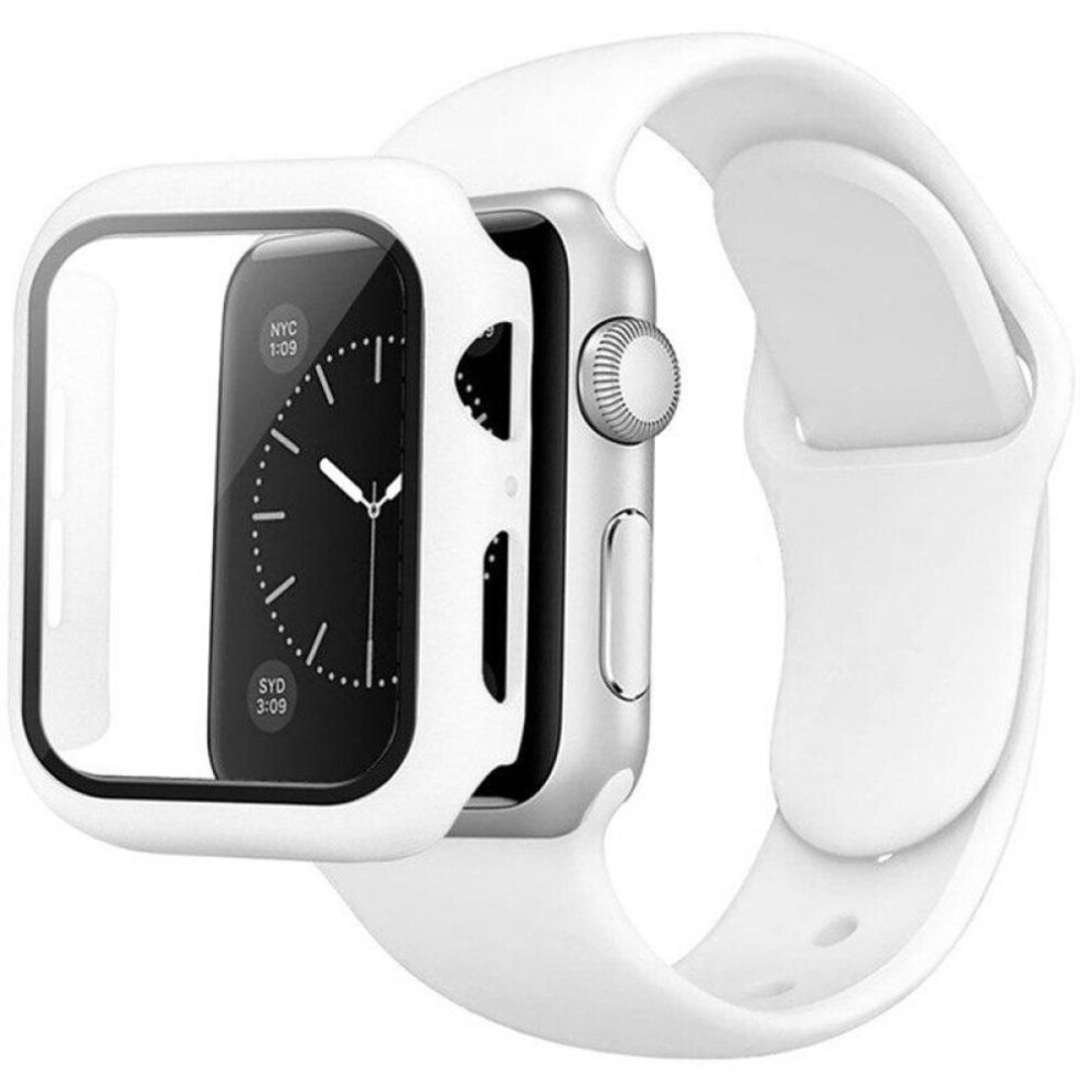 (white, 40mm S-M) Full Cover Screen Protector for Iwatch 7 Band 42mm 44mm 40mm 41 mm 45mm Glass + Case + Strap for Apple Watch Series 7 6 5 4 3 SE