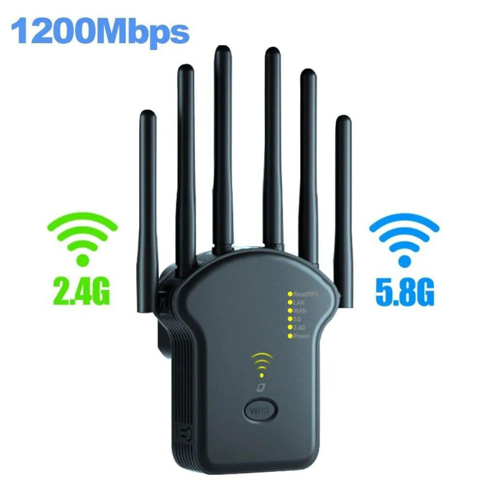 (1200Mbps/EU Plug, Black) 5G 1200Mbps Wireless WiFi Repeater WiFi Signal Repeater 2.4G 5.8G Dual-Band Wi Fi Extender 6 Antenna Network Amplifier WPS Router 2024 New