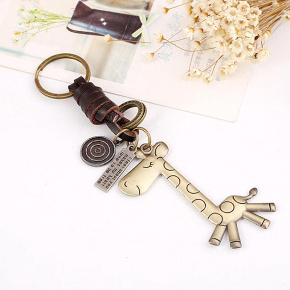 Vintage Cute Giraffe Keychain Cow Leather Handbag Tote Purse Charm Key Chain