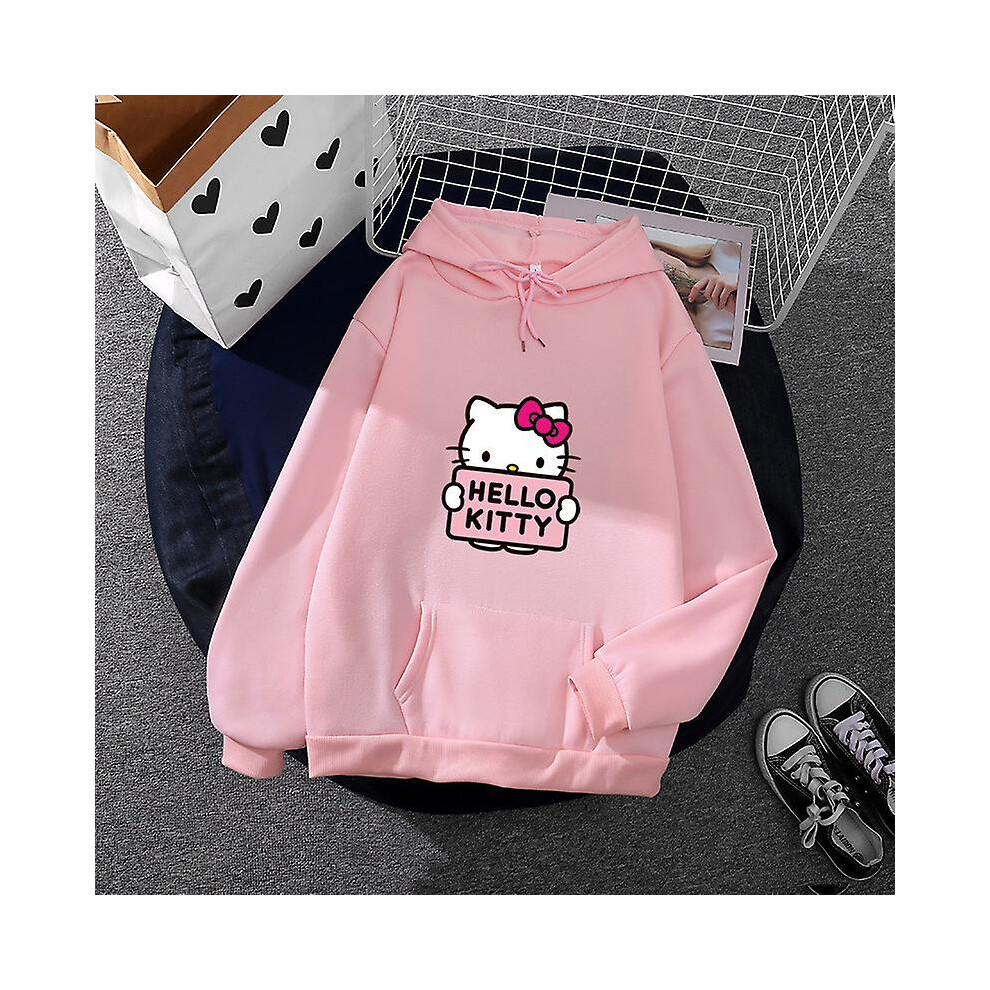 (S, pink) Cartoon Sanrio Hello-kitty Cute Women Hoodie Korean Girls Fashion Sweatshirt Spring And Autumn Model Clothes Casual Long Sleeve