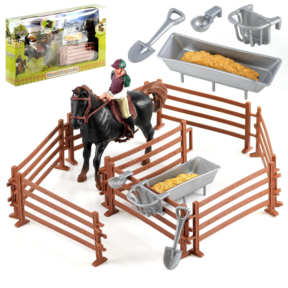 The Magic Toy Shop Horse Rider Playset with Accessories Model Stable Fences Toy Equestrian Farm Set