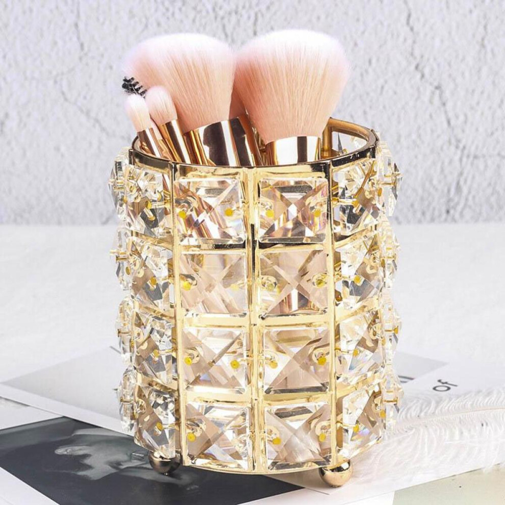 (Gold) Europe Metal Makeup Brush Storage Tube Eyebrow Pencil Makeup Organizer Bead Crystal Jewelry Storage Box