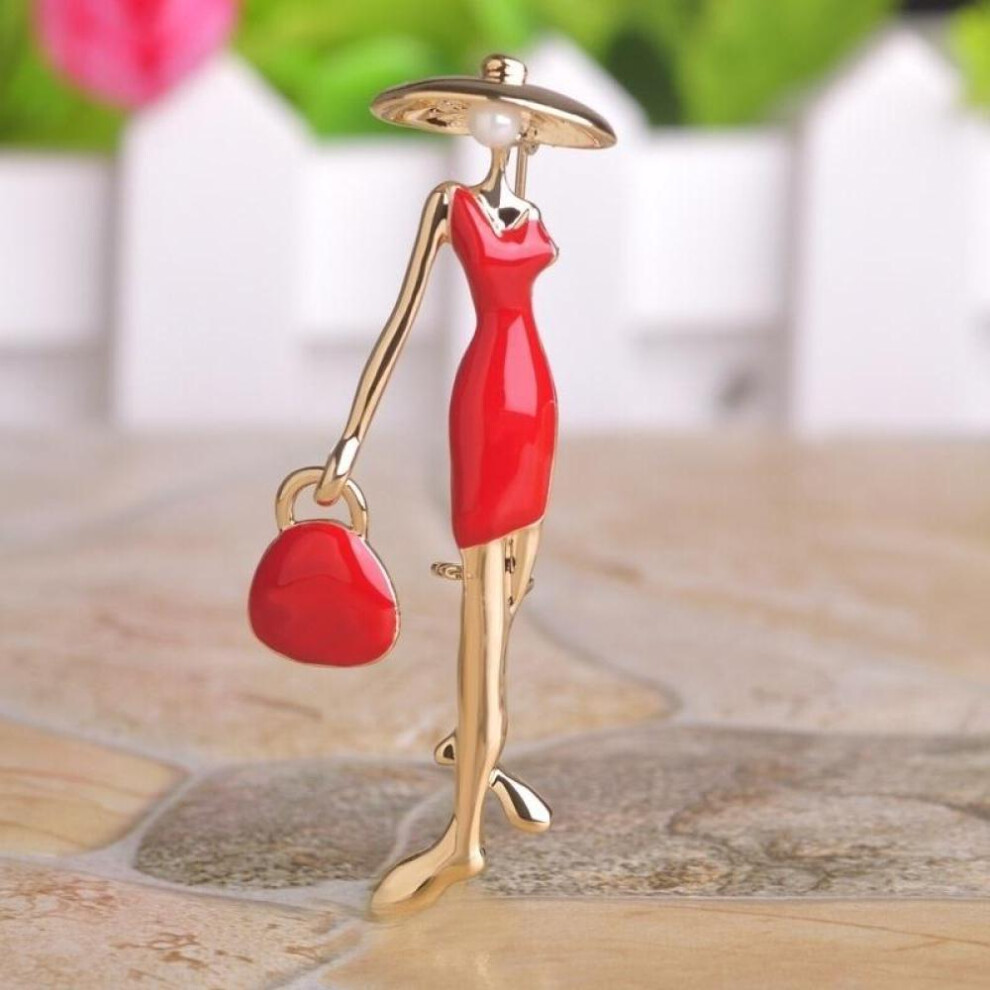 (Red) Blucome Fashion Red Paris Girls Brooches Enamel Gold Color Plated Bag Ladies Brooch Pins For Scarf Accessories