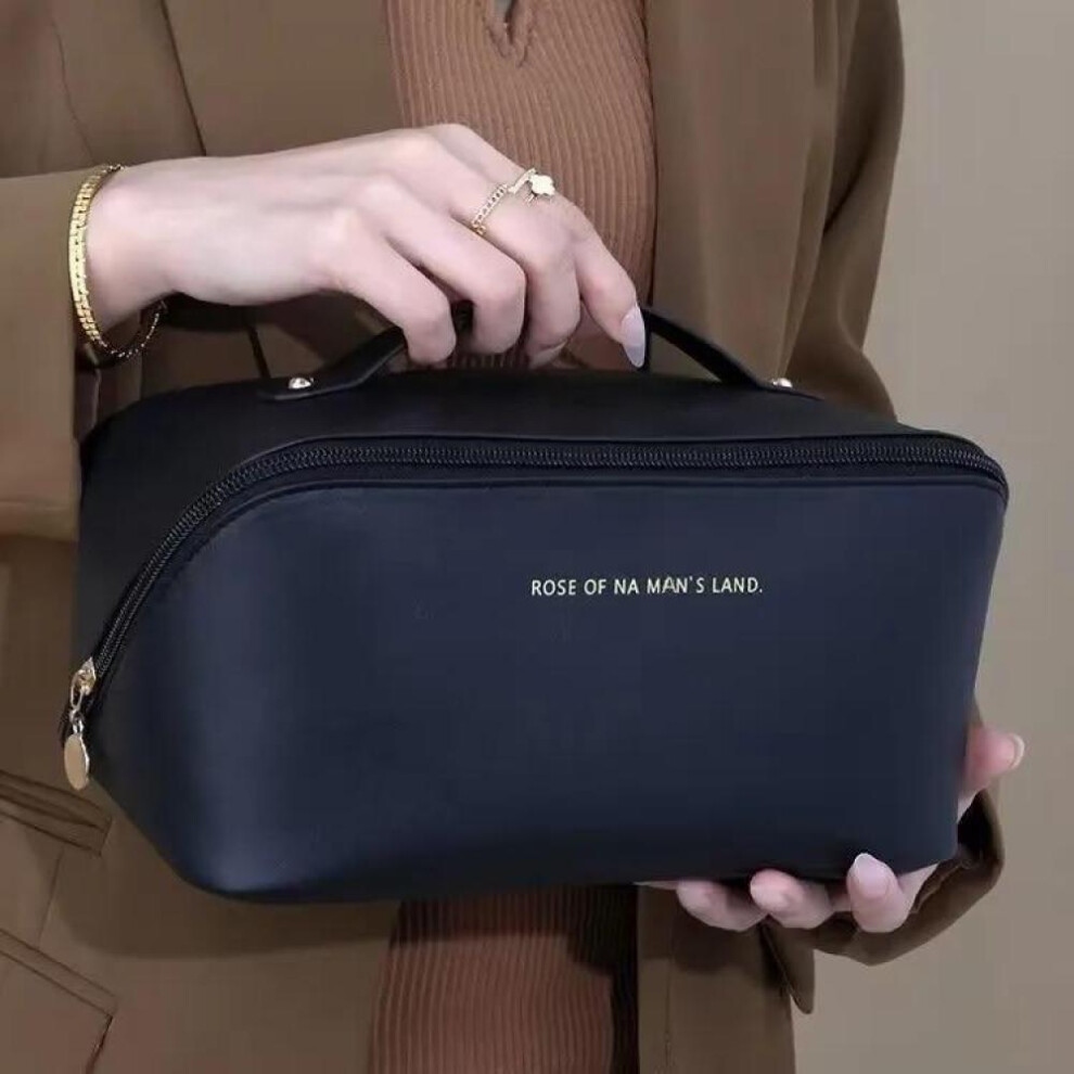 (Black) Large Travel Cosmetic Bag for Women Leather Makeup Organizer Female Toiletry Kit Bags Make Up Case Storage Pouch Luxury Lady Box