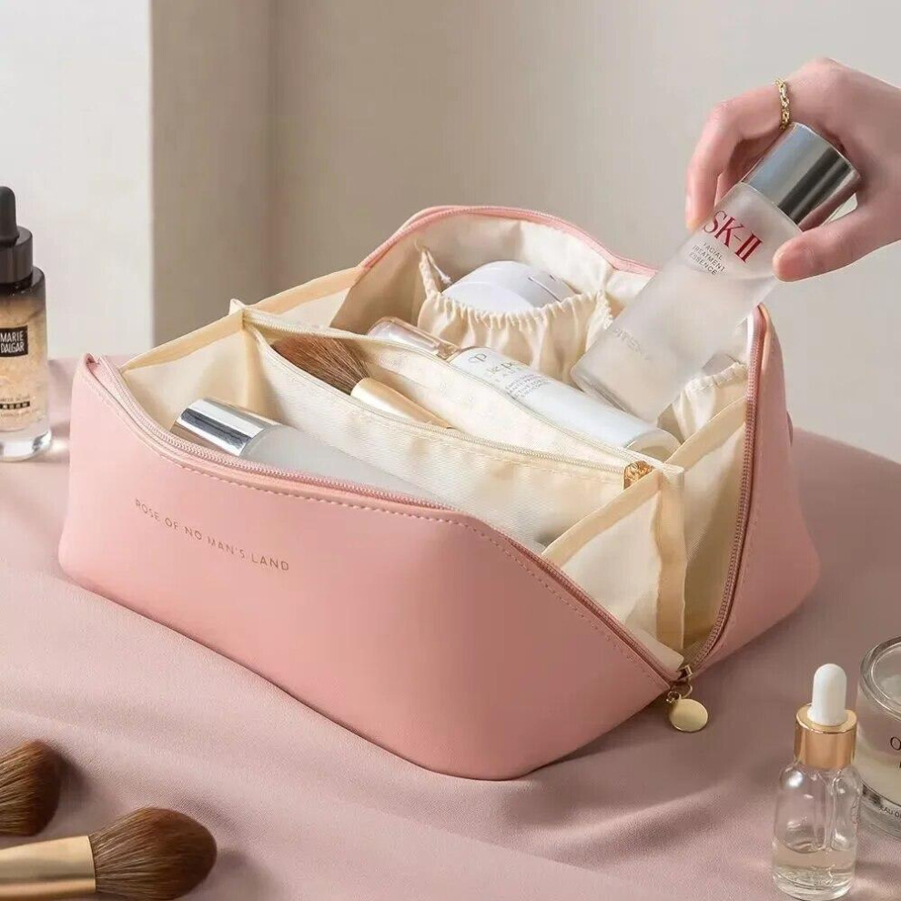 (Pink) Large Travel Cosmetic Bag for Women Leather Makeup Organizer Female Toiletry Kit Bags Make Up Case Storage Pouch Luxury Lady Box