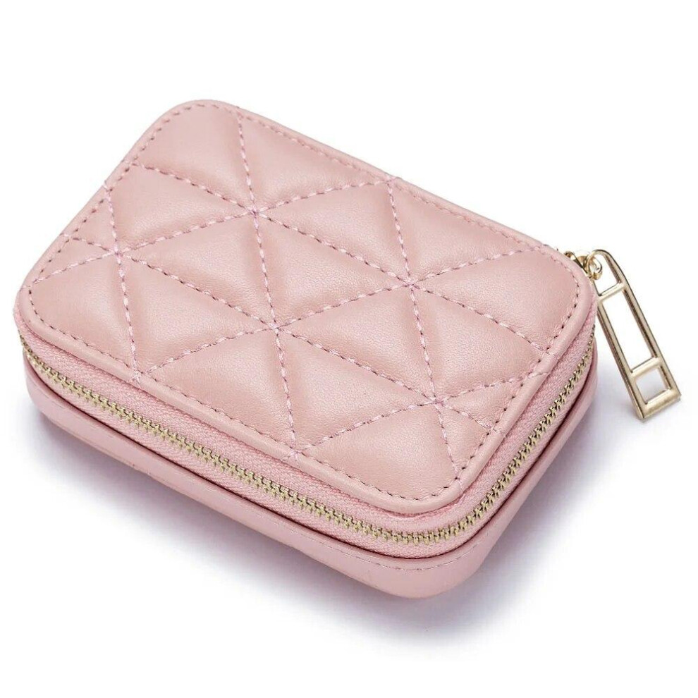 (Pink) Real Leather Women Mirror Cosmetic Bag Makeup Pouch Travel Small Storage Box Lipstick Organizer Case Fashion Mini Coin Purse
