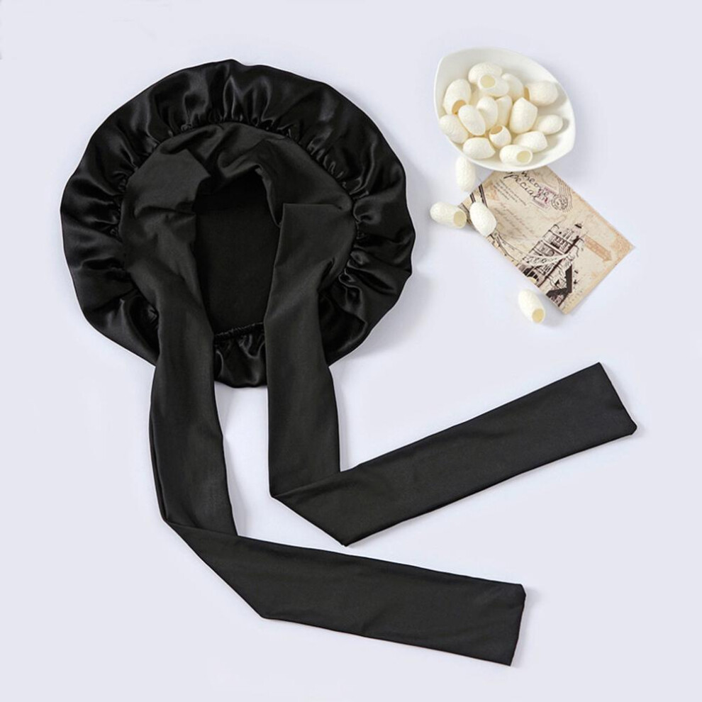 (Black) 100% Mulberry Silk Sleeping Bonnet for Women Large Sleep Cap with Wide Elastic Tie Band for Curly Dreadlock Braid Hair Care