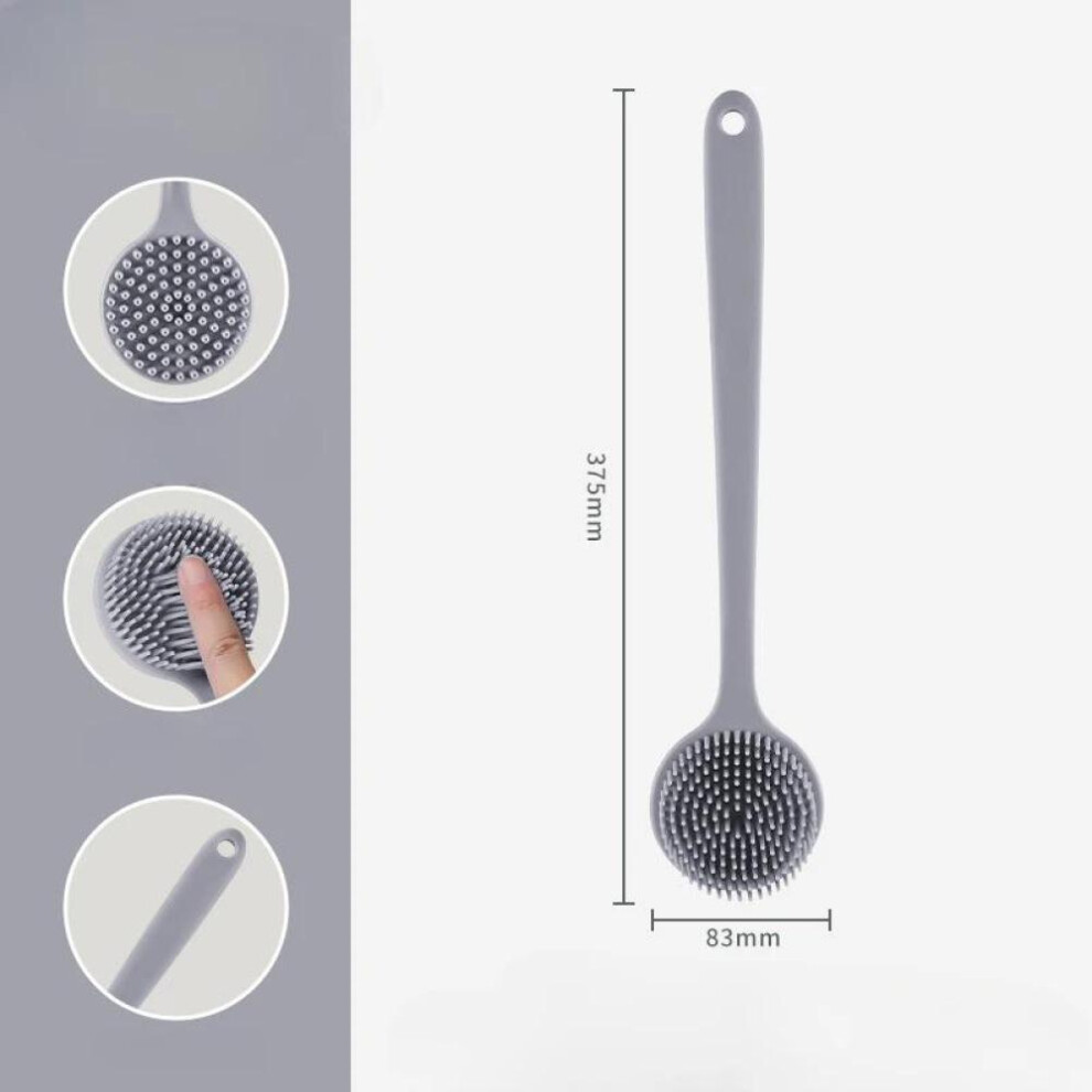 (Grey) Double-Sided Silicone Back Scrubber Long Handle Body Bath Brush Mud Back Scrubber Shower Massage Exfoliation Brush