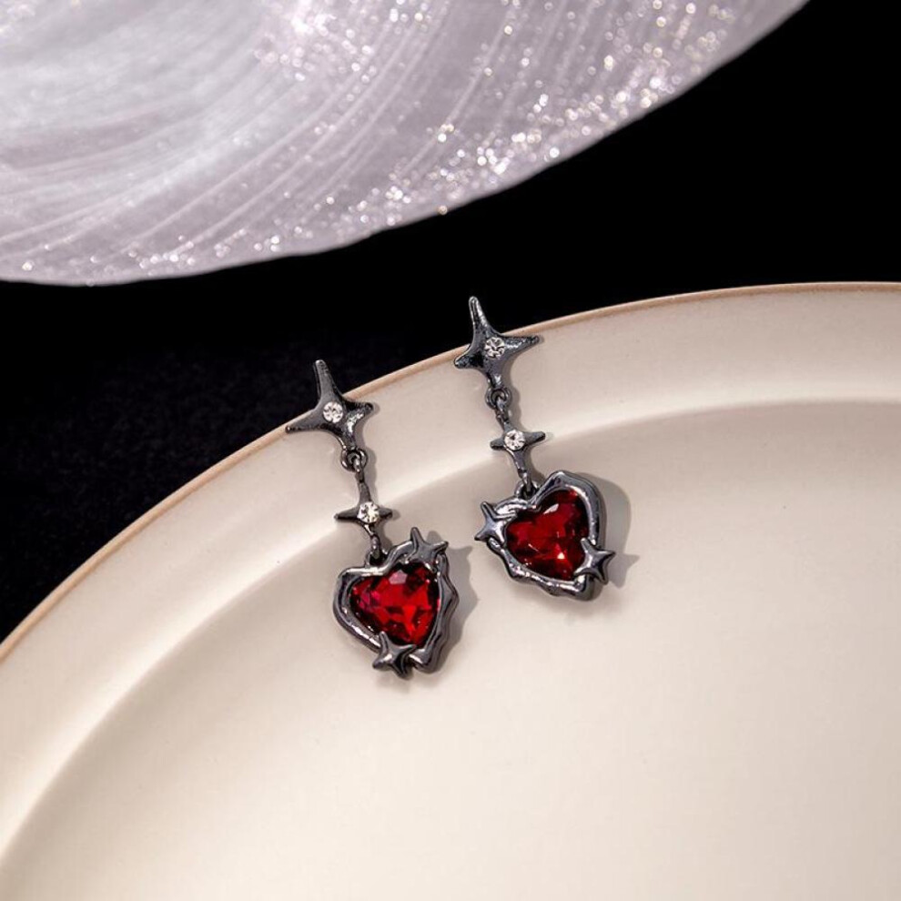 (Red) Gothic Dark Red Heart Star Earrings Red Zircon Love Cross Star Dangle Earring Gothic Irregular Heart Pendant Earrings Party