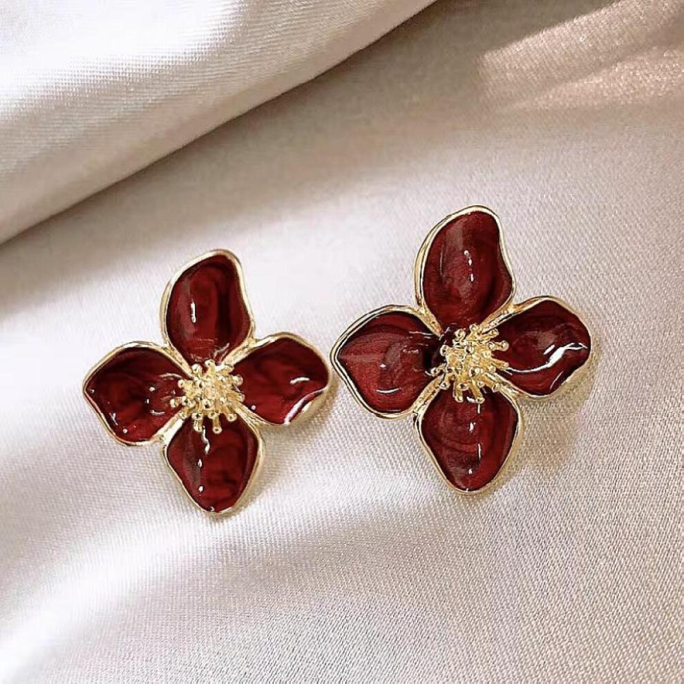 (Red) 1 Pair Flower Stud Earrings For Women Girl French Vintage Fashion Wedding Romantic Ear Jewelry Gifts