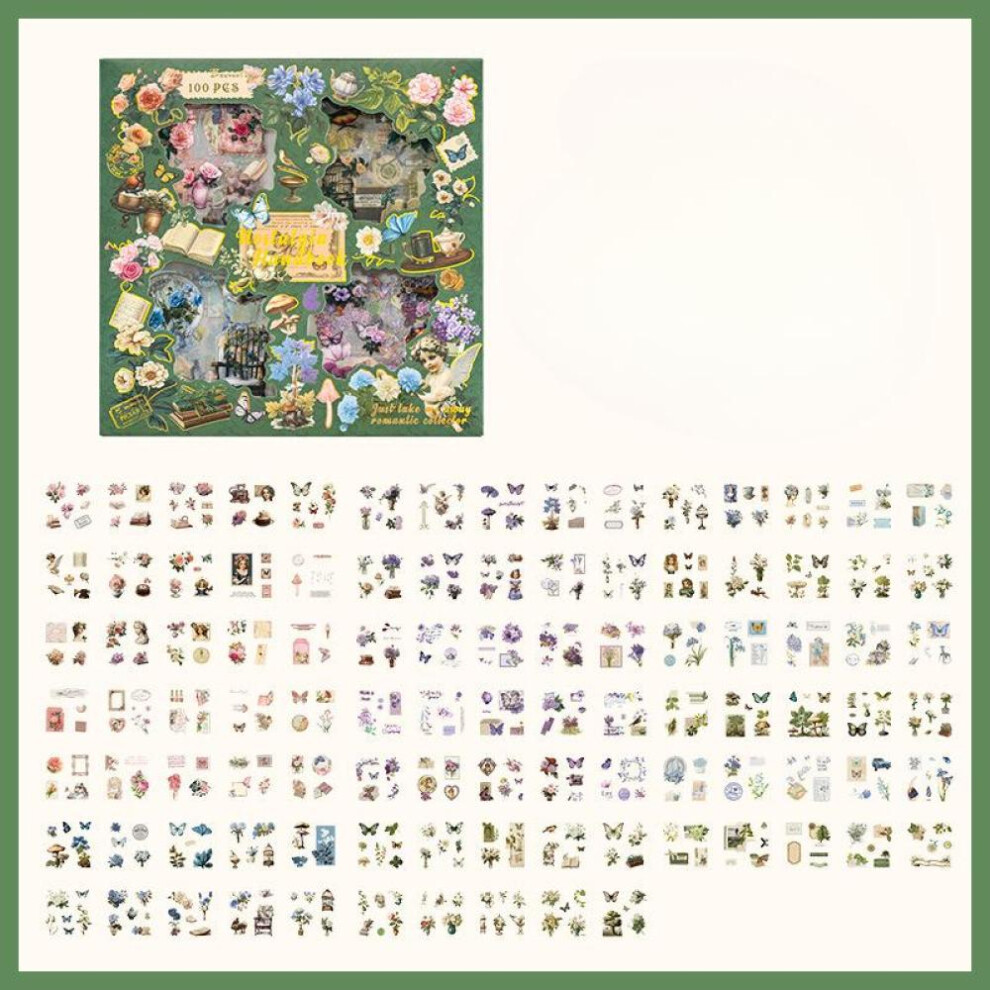 (Green) 100pcs/Boxed Vintage Large box Stickers Butterfly Flowers Plant Stick Labels Decorative Scrapbooking Material DIY Junk Journal