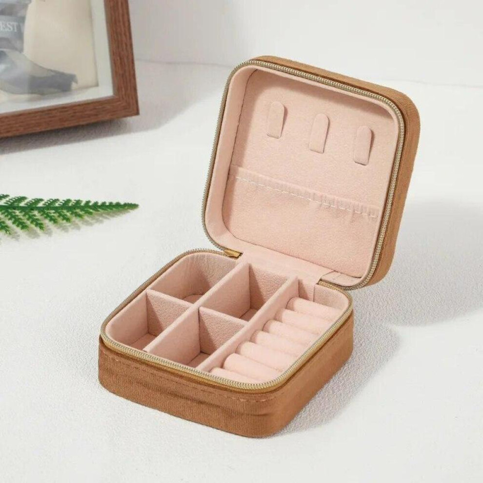 (Brown) Velvet Jewelry Box For Women Necklace Ring Earrings Organizer Holder Travel Portable Zipper Square Jewelry Storage Case