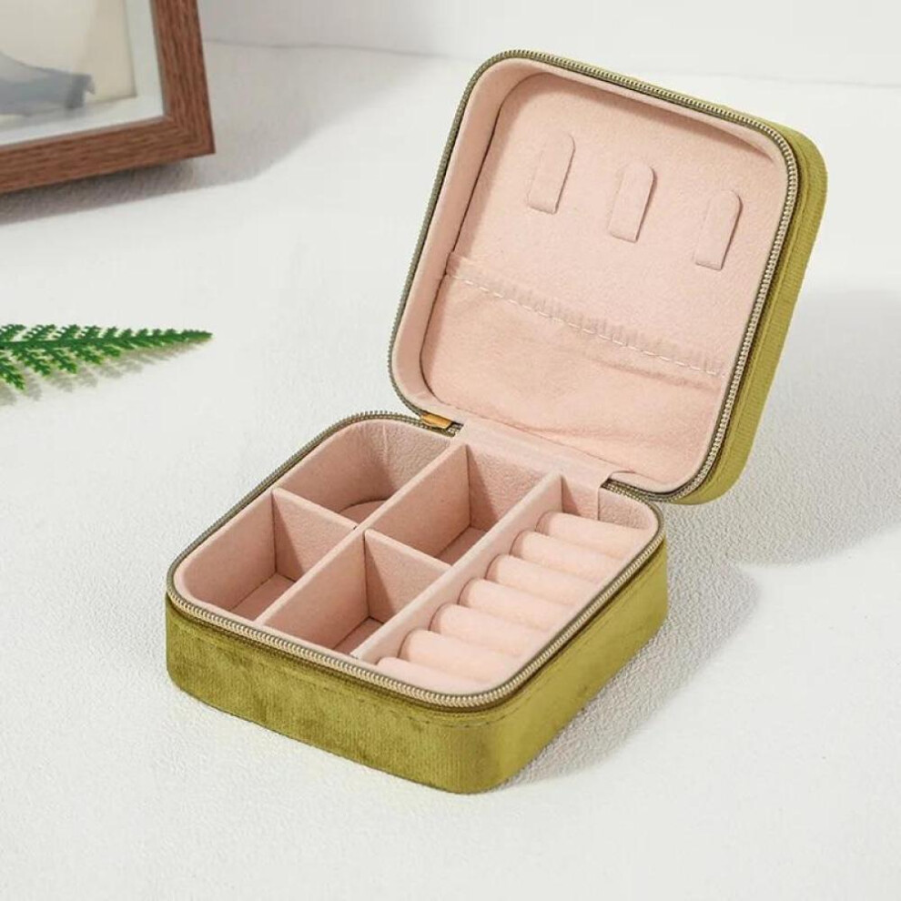 (Green) Velvet Jewelry Box For Women Necklace Ring Earrings Organizer Holder Travel Portable Zipper Square Jewelry Storage Case