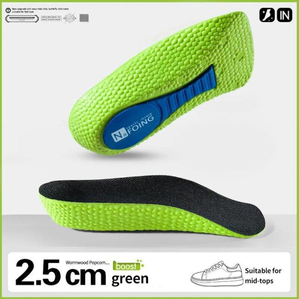 (Green, 2.5CM) Memory Foam Height Increase Insoles For Men Women Shoes Feet Arch Support Insoles Sneakers Heel Lift Shoe Pads
