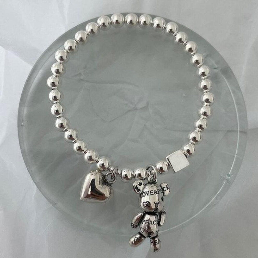 S925 Silver Stamp Bracelets for Women String of Beads Accessories Trend Vintage Simple Cute Bear Pendant Party Jewelry