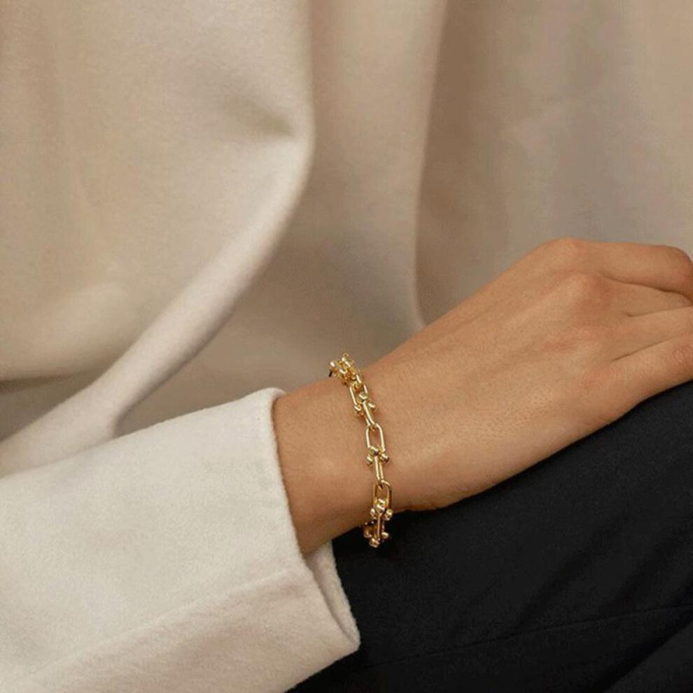 (Gold) s925 Silver Lock Chain Bracelet for Women Men Vintage Handmade Hasp Adjustable Bracelet Party Jewelry Gift
