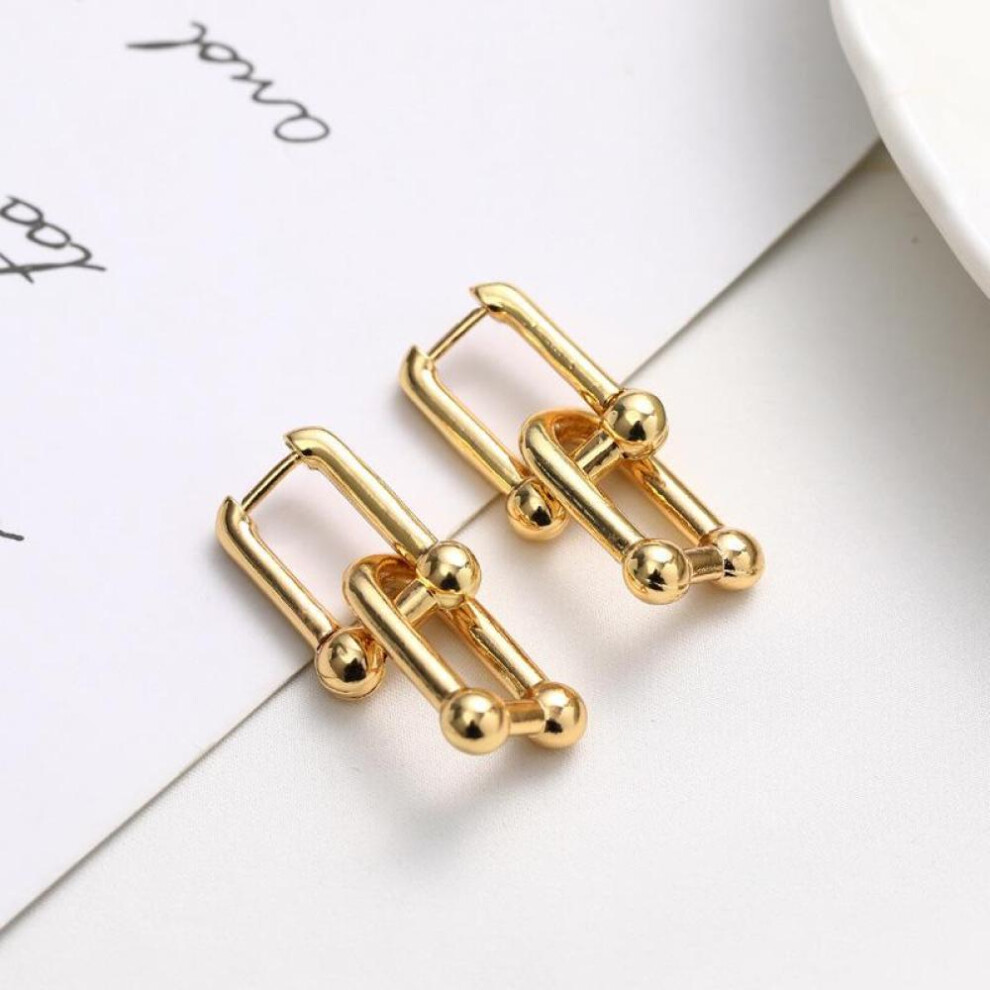 (Gold) s925 Silver Creative Design Double U Shape Earrings for Women Thick Link Stylish High Quality Jewelry Party Gift