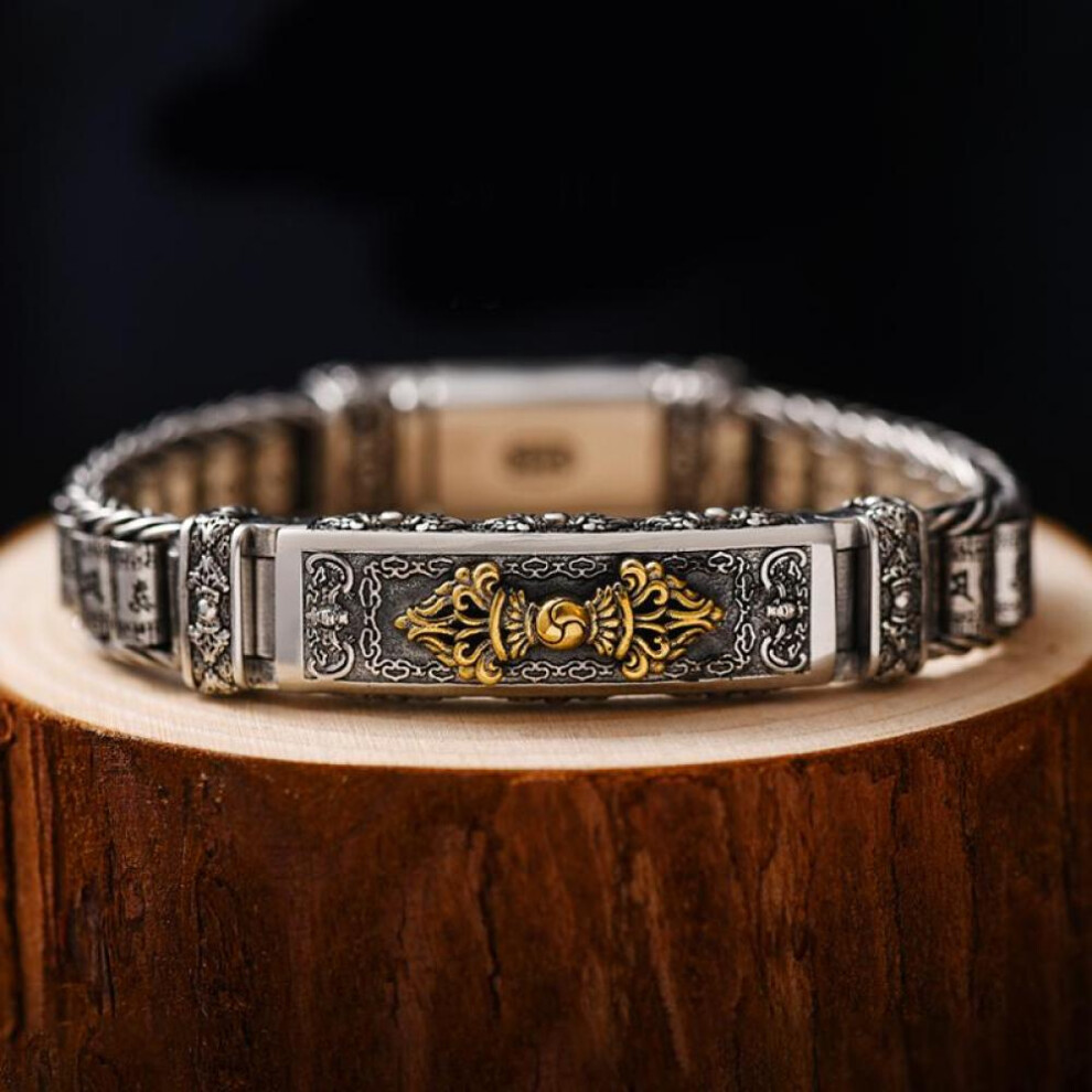 (Silver, 22CM) New Bracelet Men&apos;s Personality style Retro Creative Hand-woven Six-character Mantra Barrel Bead Chain for Boyfriend Gift