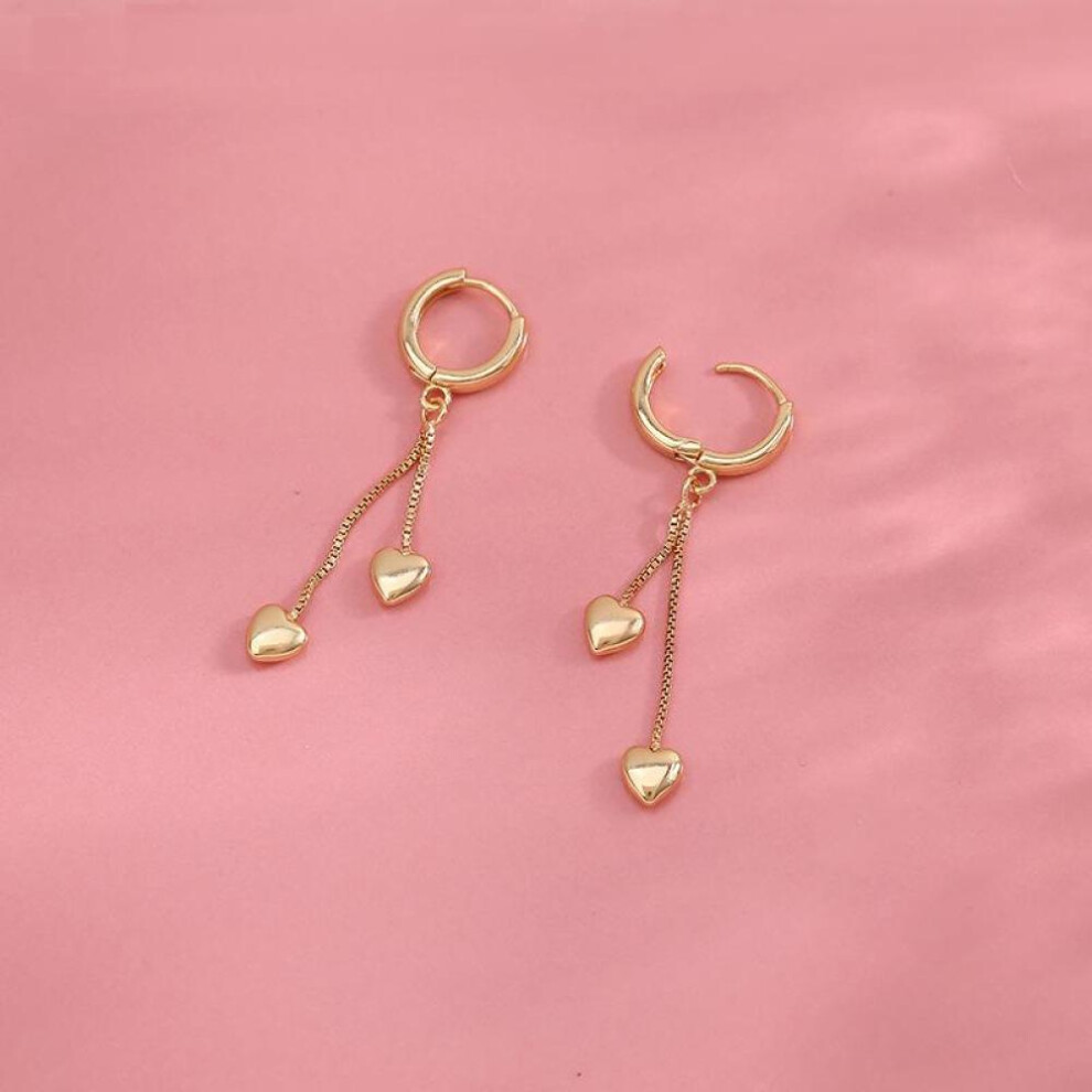 (Gold) s925 Silver Double Tassel Heart Drop Earrings for Women Fashion Party Jewelry Girls  Best Friend Gifts