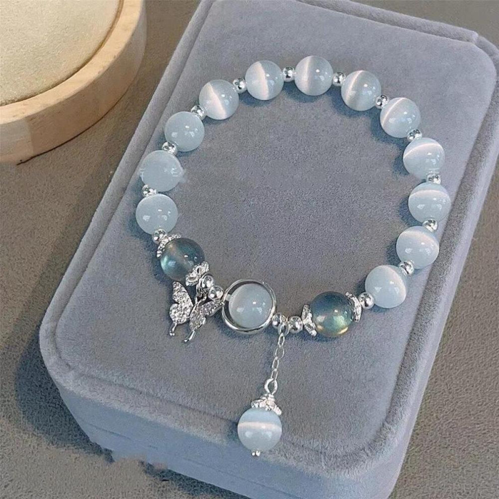 (Silver) Fashion Beaded Bracelet for Women Cat Eye Stone Charm Bracelets Diamond Butterfly Pendant Bracelet Jewelry Gift for Girlfriend