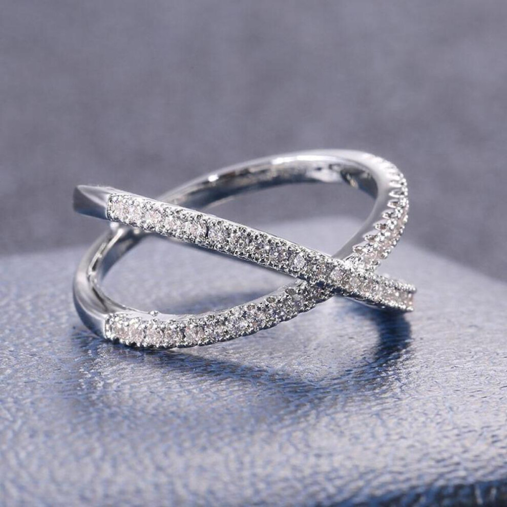 (10) Huitan Luxury Cross X Shape Women Engagement Ring Full Paved CZ Stone Silver Color Elegant Simple Female Jewelry Ring Hot  ZH