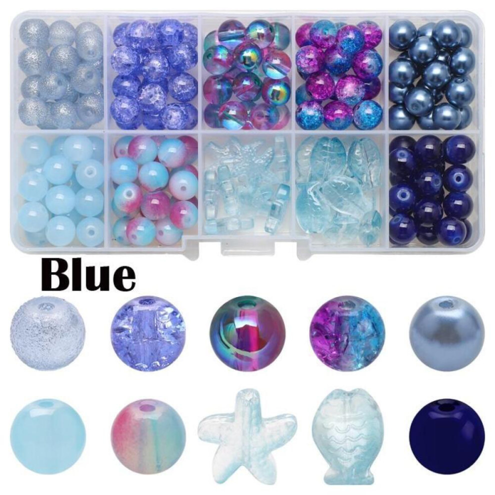 (Blue) 10 Grids/Box Crystal Glass Beads Jewelry Making Kits Natural Stone Starfish Fish Crafts For DIY Bracelet Necklace