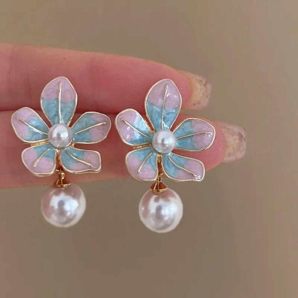 New Korean Fashion Exquisite Pink Blue Enamels Flowers Pearls Earrings for Women Retro Oil Painting Style Pendant Earring Gifts