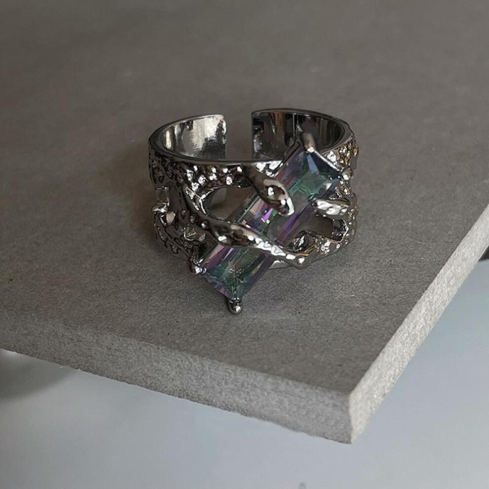 (Silver) Punk Black Rings Thorns Red Zircon Hollow-out Finger Ring Couple Women Men Opening Ring Jewelry Gift