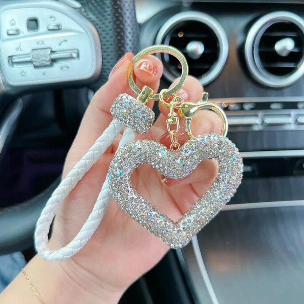 (White) Heart Pendant Full Rhinestone Key Chain