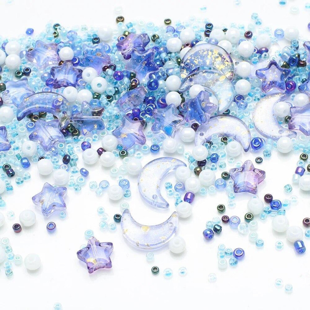 (Blue) Mixed Star Moon Glass Loose Bead For DIY Making Jewelry Craft Bracelets Necklaces Earrings Accessories