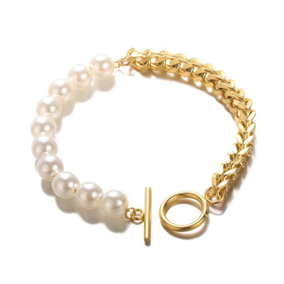 (Gold) Cuban Chain Pearl Bracelets For Women Handmade Stainless Steel Heart Pendant Bracelets Wedding Party Boho Jewelry Gifts